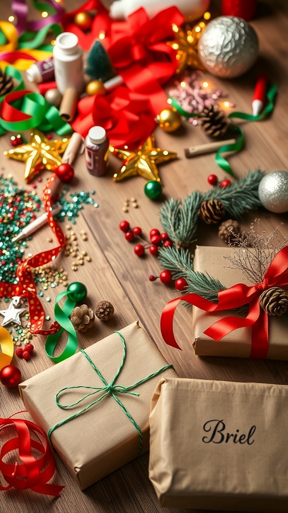 A table with Christmas craft supplies, including a wreath, ornaments, and wrapped gifts.